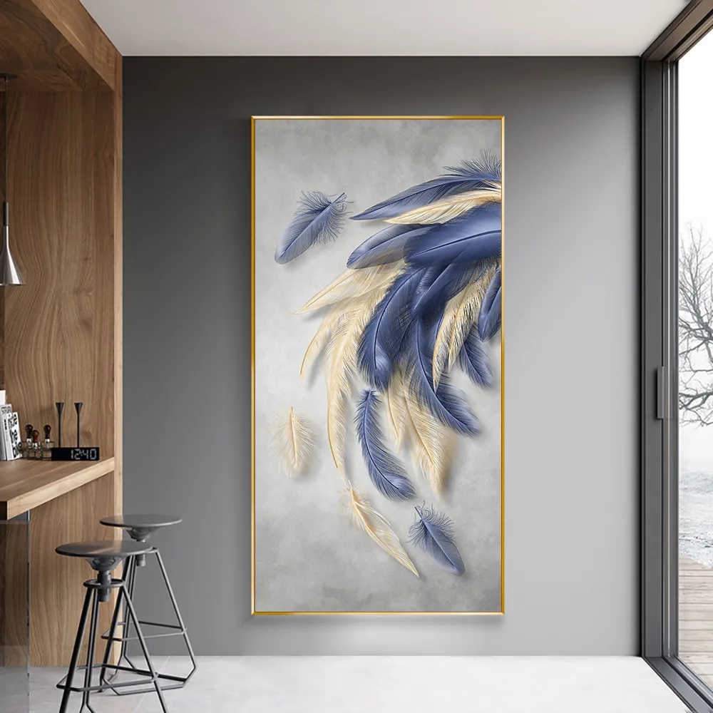 カスタマイズされた青い抽象的羽のキャンバス絵画北欧のポスターとプリントリビングルームの豪華なクアドロの壁アート画像
