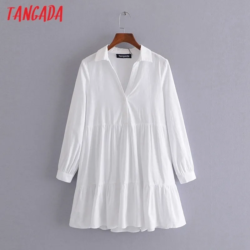 Tangada Mode Femmes Élégant Blanc Chemise Plissée Robe À Manches Longues Bureau Dames Mini 3H60 220331