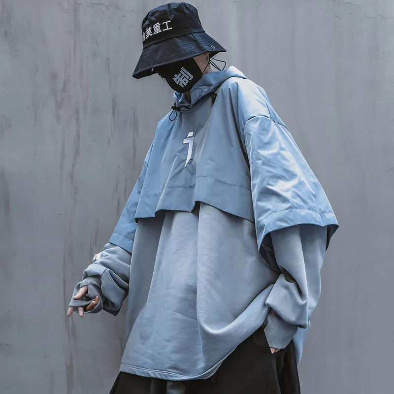 Spring Streetwear Мода Толстовка Techwear Kanji Лоскутное капюшон для мужчин 220406