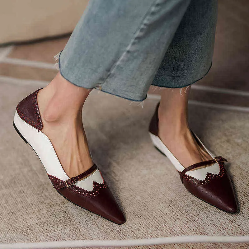 Frauen Kleid Schuhe Frauen Echt Lederen Wohnungen Metalen Gesp Decoratie Dames Lente Retro Chunky Heel Puntschoen Non Slip Casual Schoenen 2022 220607