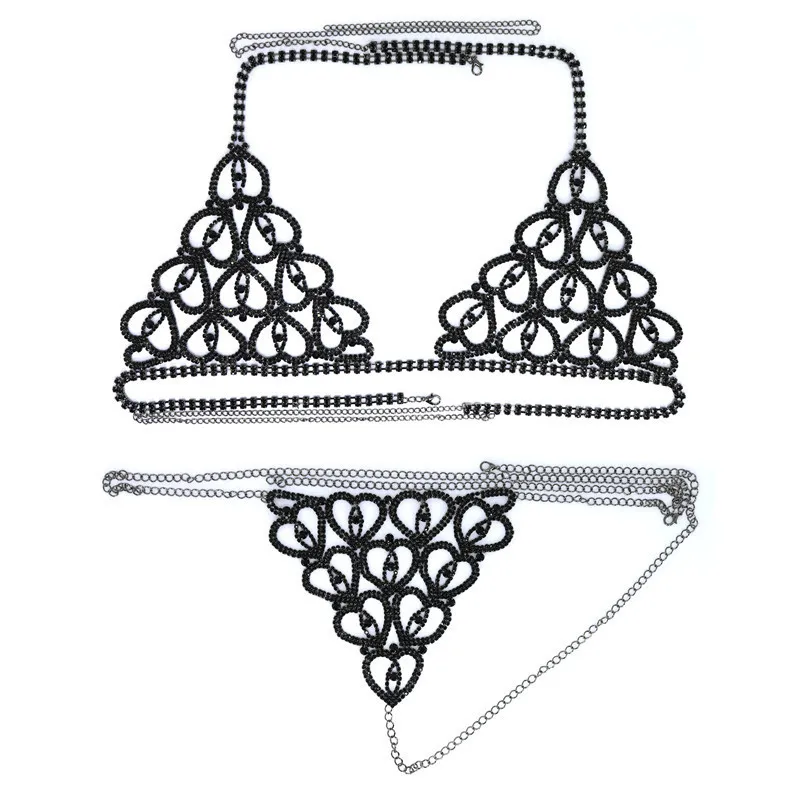 بيع الأزياء الفاخرة Heart Crytal Bikini Body Chain for Women Sexy Lingerie Chain Bling Bra and Thong Set 220516