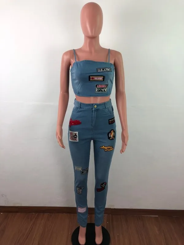 Sexy Denim Two Piece Set Women Tracksuit Summer Clothes Cartoon Patch Strappy Vest Crop Top and Skinny Pants Suits Jeans Outfits 220602