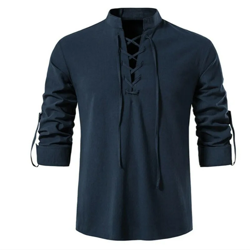 Mens Vneck shirt Tshirt Fashion Vintage Thin Long Sleeve Top men Casual Breathable Viking Front Lace Up man Shirts 220815