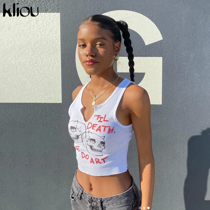 Kliou Aesthetic Graphic Cyber Y2k Streetwear Women Chic Sleeveless Activity Tank Tops Harajuku Skinny Crop Camisole 220318