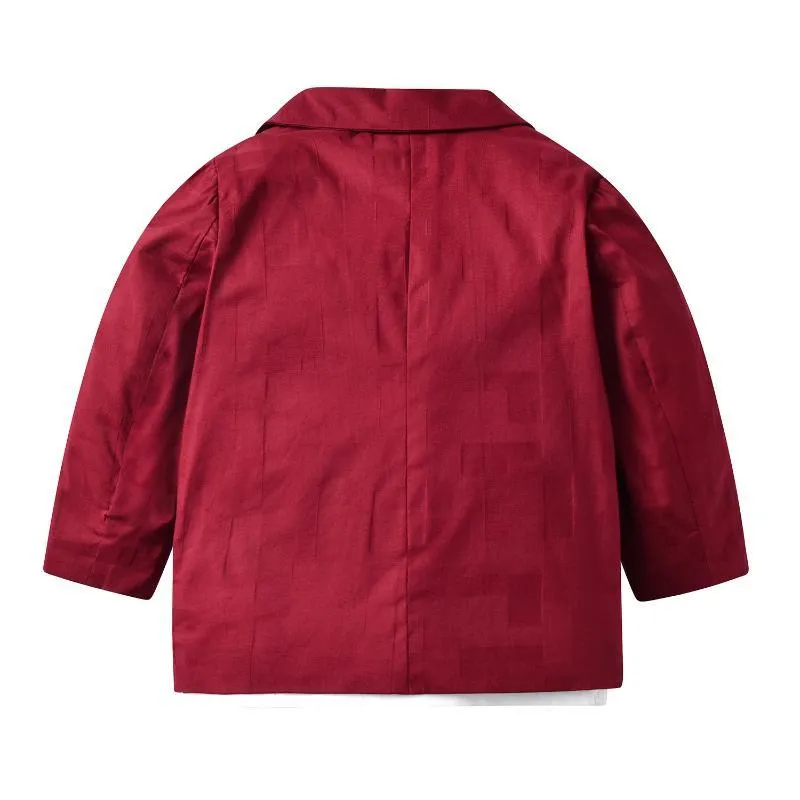 Conjuntos de ropa Manga larga Ropa formal roja Traje para niños Vestido Camiseta para bebé + Abrigo Pantalones Cinturón con lazo 5 piezas Fiesta de cumpleaños para niños