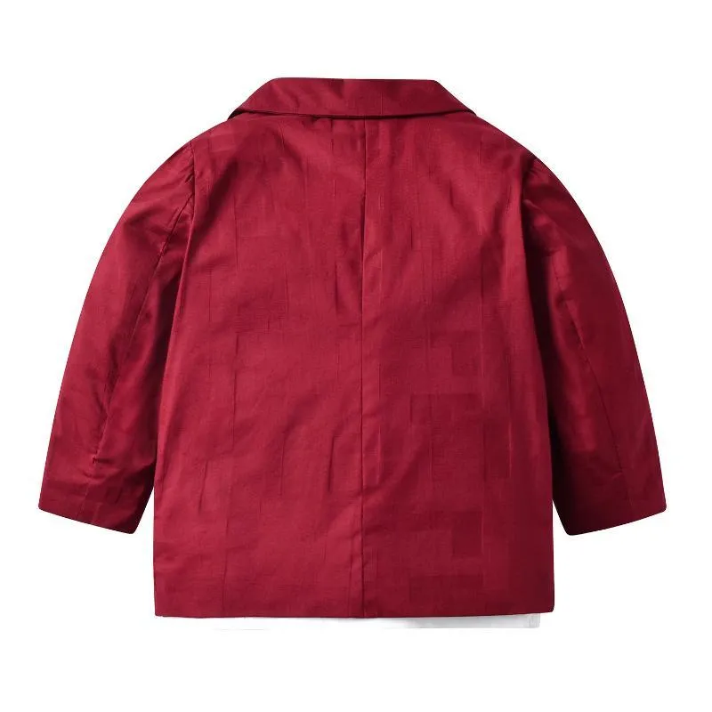 Ensembles de vêtements à manches longues rouge costume de vêtements formels pour garçons robe bébé t-shirt + manteau pantalon ceinture d'arc 5 pièces fête d'anniversaire pour enfants