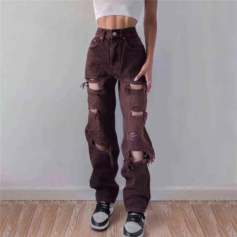 Vintage Femmes Ripped Denim Jeans Taille Haute Grunge Coréen Cargo Pantalon Casual Esthétique 90s Pantalon Mignon Harajuku Cuteandpsycho T220728