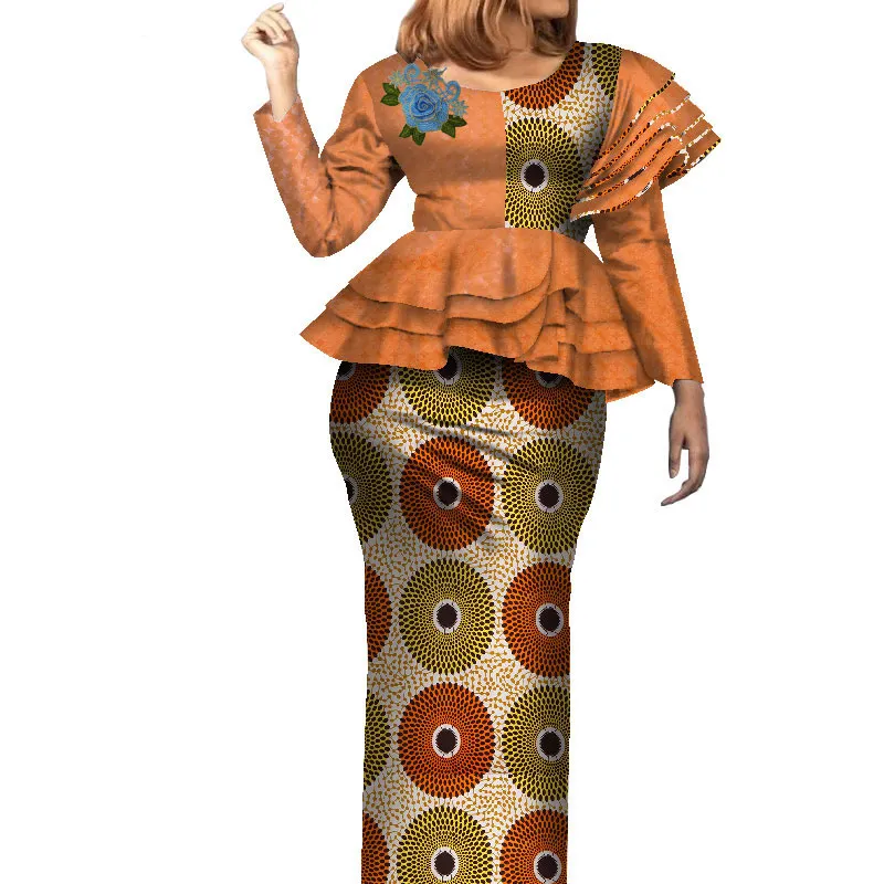 BINTAREALWAX Mode Lange Mouw Tweedelige Jurk Dashiki Patchwork Top en Rokken Kleding Afrikaanse Bazin Stof Plus Size Dames Rok Set WY7905