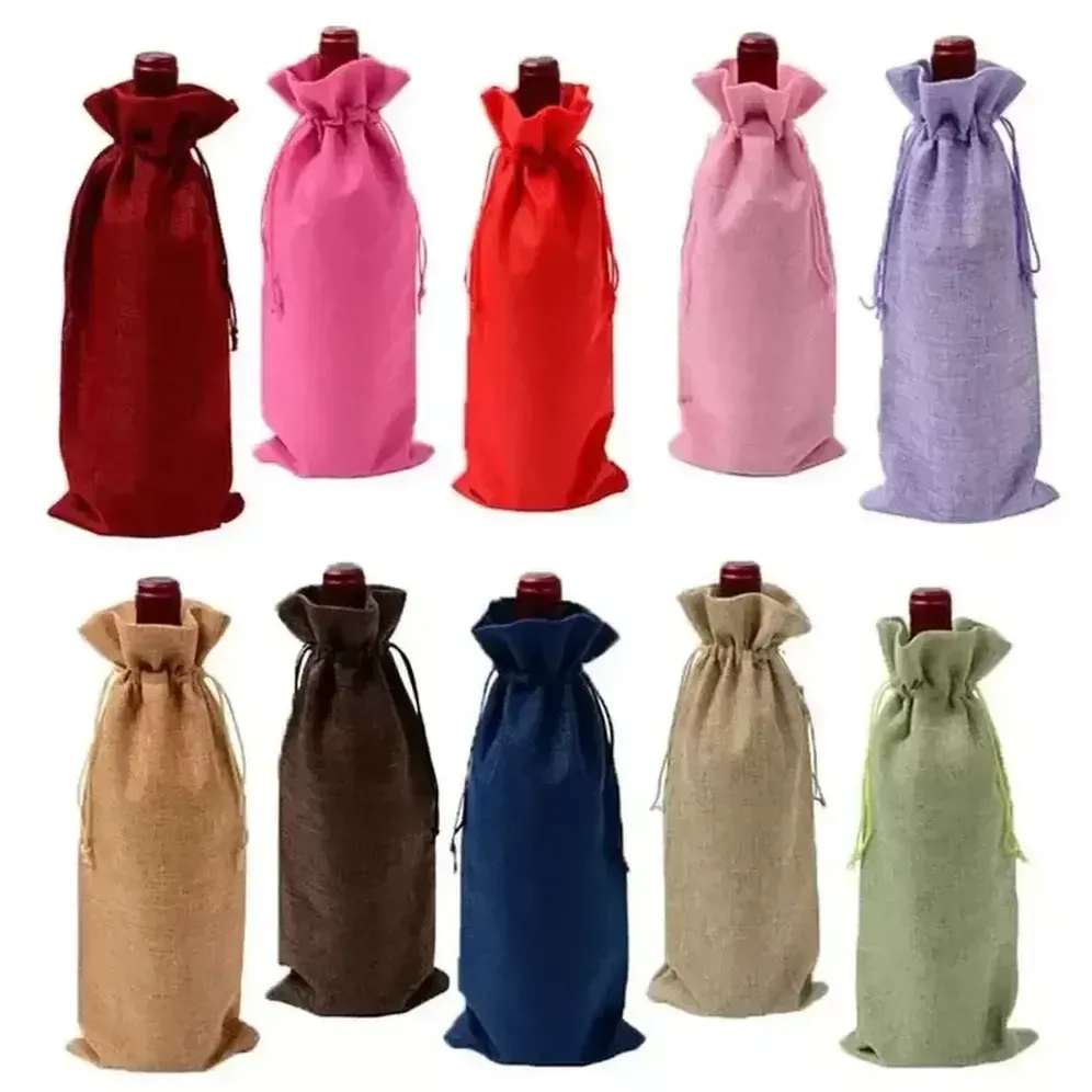 LINEN TACKSTRING WINE PAGS Dustproare Wine Bottle Cover Packaging Bag Champagne påsar Party Present Wrap Christmas Decoration FY5300 0526
