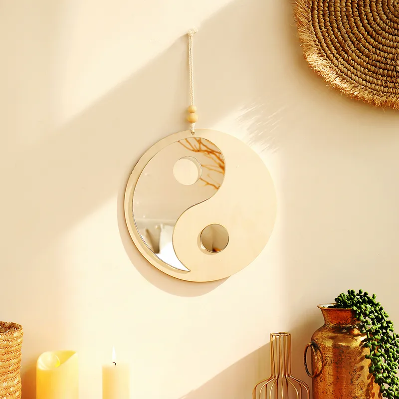 Yin Yang Wooden Mirror Feng Shui Decoration Home Boho Wood Wall Decor Decor Farmhouse Mirrors for Bedroom Living Room Houseギフト
