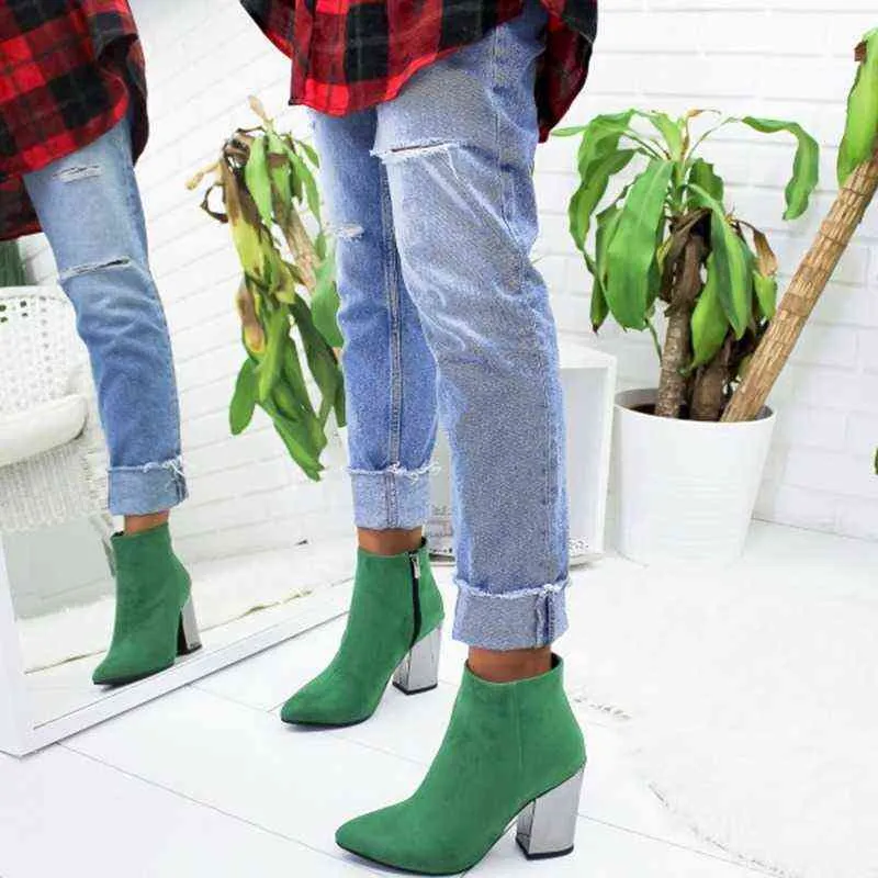 Botas de tornozelo mulheres saltos altos de grossa ponta pontual de cowboy western shoes de couro azul vermelho verde para senhora Tamanho do outono 43 Y220706