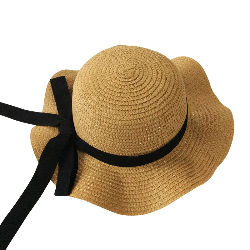 Girls Summer Cap Black Ribbon Decorate Wavy Straw Hat For Children Panama Kids Sun Baby Beach s 220630