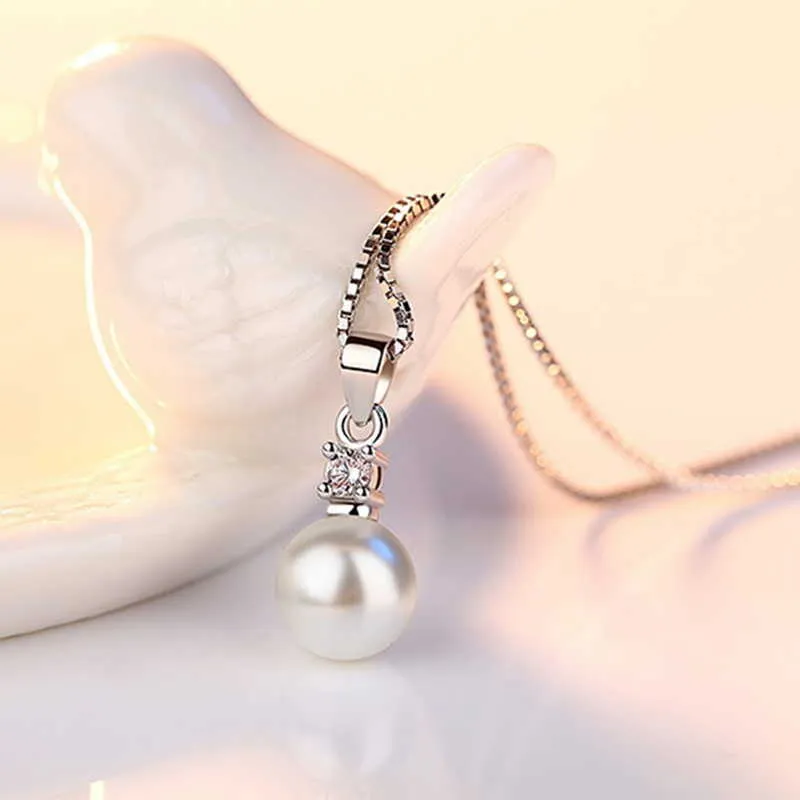 Necklace Choker Elegant Women Pearl Pendant Silver Color Clavicle Chain Copper Bridal Wedding Cute Girl Jewelry Gift