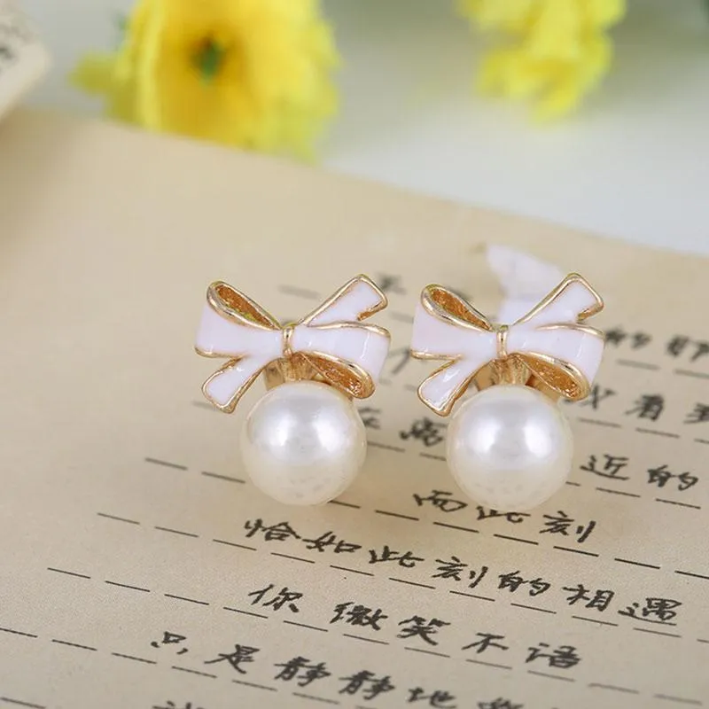 Clip-on & Screw Back Korea Style Clip On Earring No Pierced For Women Simulated Pearl Charm Pink White Bowknot EarringsClip-on248H