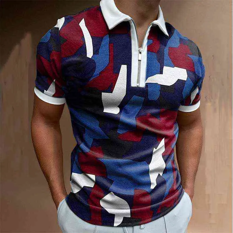 2022 Summer Men's Casual Plaid Short Sleeve Polo Shirt With Lapel Zipper Design Men's Printed Shirt Pullover T Shirt Y220426