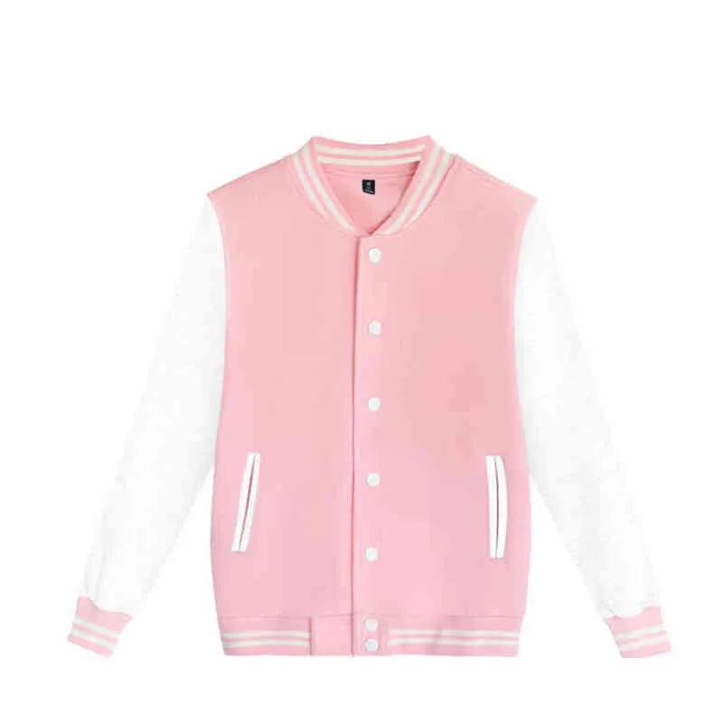 2022 Ny vårhöstens pilotbombare Par Baseballjacka University Varsity Solid Color Casual Korean Clothes Pink Tops Y220803