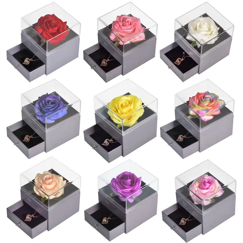 Cadeau de fête des mères Unfade Flower Boîte à bijoux rose éternelle avec 100 langues Je t'aime collier cadeau de mariage pour petite amie femmes 220406