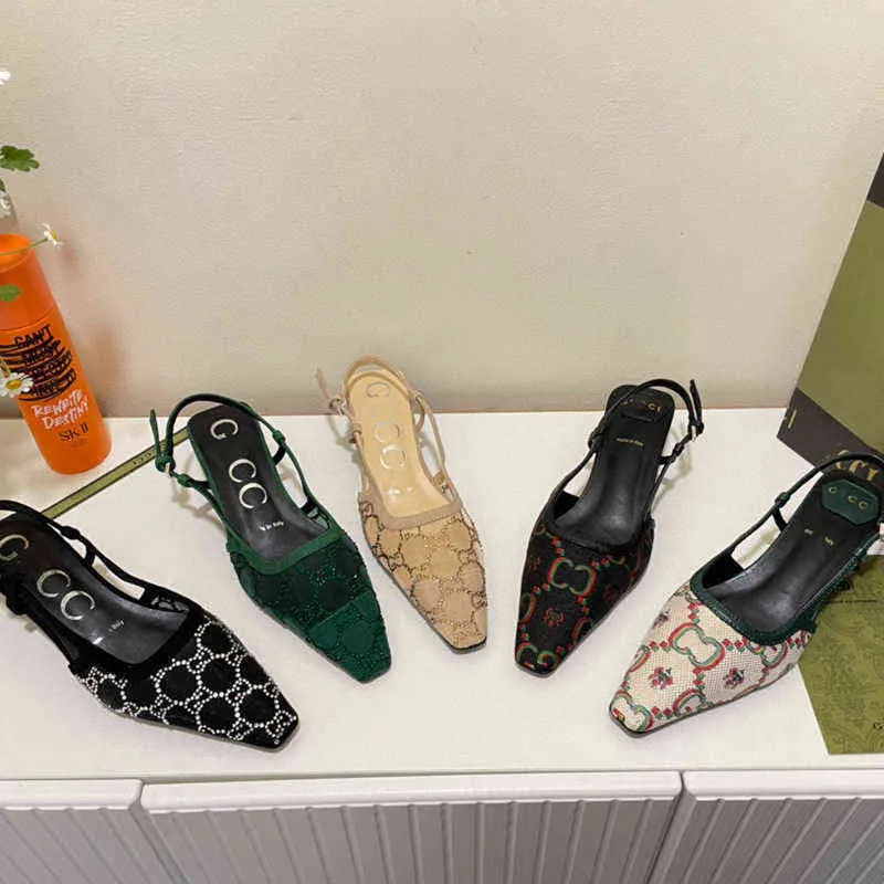 2022 g family spring and summer versatile new hot water diamond cat heel empty sandals women's mesh Baotou middle heel sandals