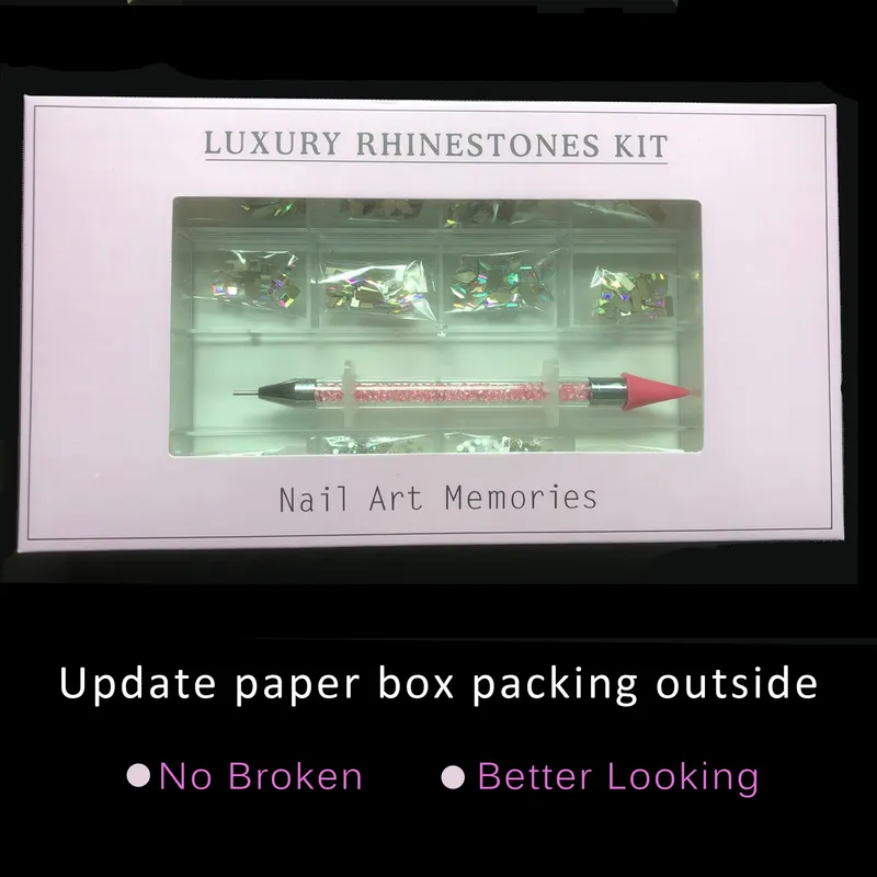 Luksusowe błyszczące diamentowe paznokcie Zestaw Glass Crystal Dekoracje Zestaw Pióro Pióro w siatce Pudełko 21 Kształty 220607