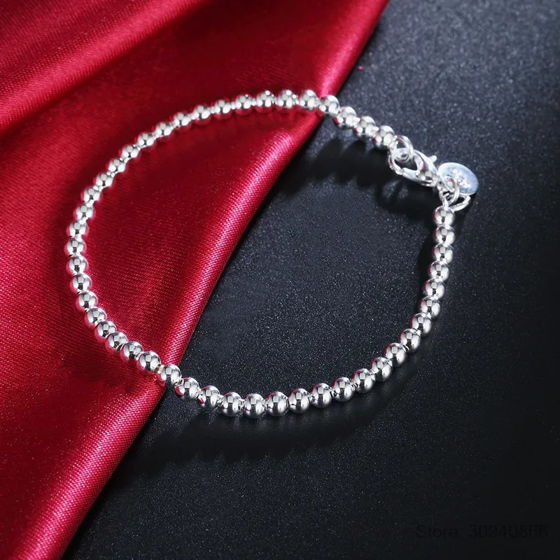 Original 100% véritable argent tibétain 925 Bracelet 4mm perles rondes 20cm chaîne Bracelet bijoux pour femmes LSL133