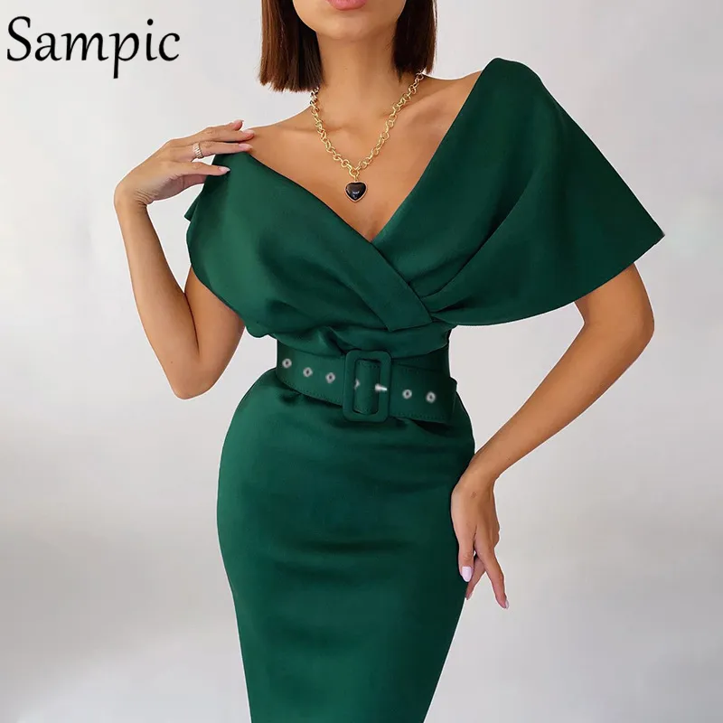 Sampic Sexy Women V Neck Off ombro Party Club Bodycon Midi Dress com Belt Fashion Envolve Vestes Elegant Autumn 220521