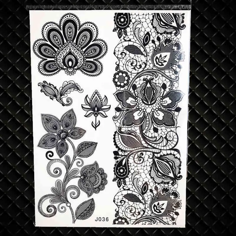 NXY Tillfällig tatuering Stor Henna klistermärken för bröllop GBJ206 Svart bläck spetspasta Kvinnor Party Brides Blomma 21x15cm 0330