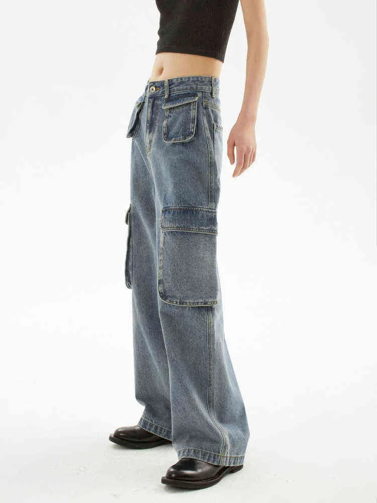 Вымытые голубые ретро многооборотные джинсы Женские летние новые американские прямой прямой широкий нога унисекс-комбинезоны джинсовые брюки Женские T220728