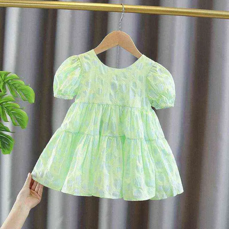 2022 Summer Baby Girls Dress Korean version Puff Sleeve Green Dress Bow Princess Dresses G220518