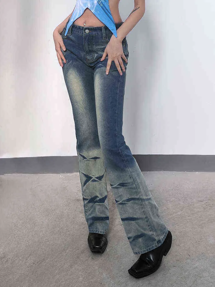 Kvinnors jeans Suchcute Harajuku Tie Dye Women Bell-Bottomed Jeans Korean Fashion Streetwear Casual Denim Trousers Vintage Slim Cute Pants 2022 T220829