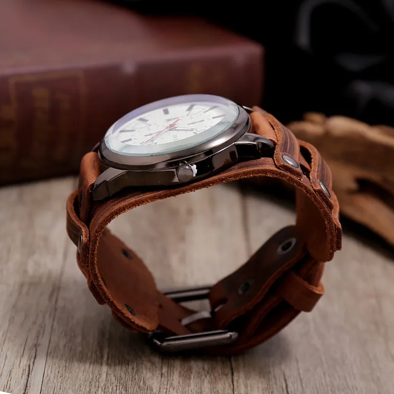 Echte Lederzeiger Uhr für Männer Armbänder Frauen Mann Armreifen Breite Gürtel Punk Vintage Retro Boho Geschenk Schmuck 220622