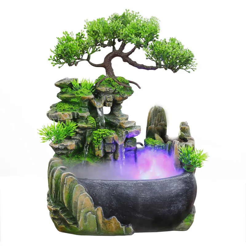 Wealth Feng Shui Company Office Tabletop Ornaments Desktop Water Flowing Water Fall Fountain With Color Change LED Lights Spray 220505