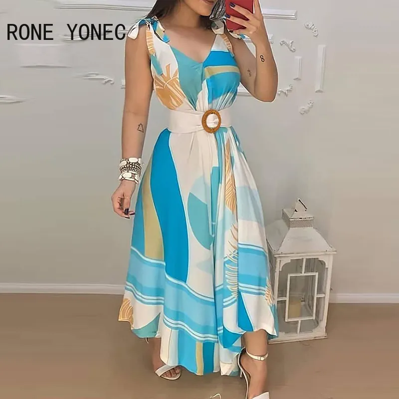 Women Elegant Dress Tropical Print V Neck Tie Up Maxi Dress With Belt Casual Summer Dress 220423