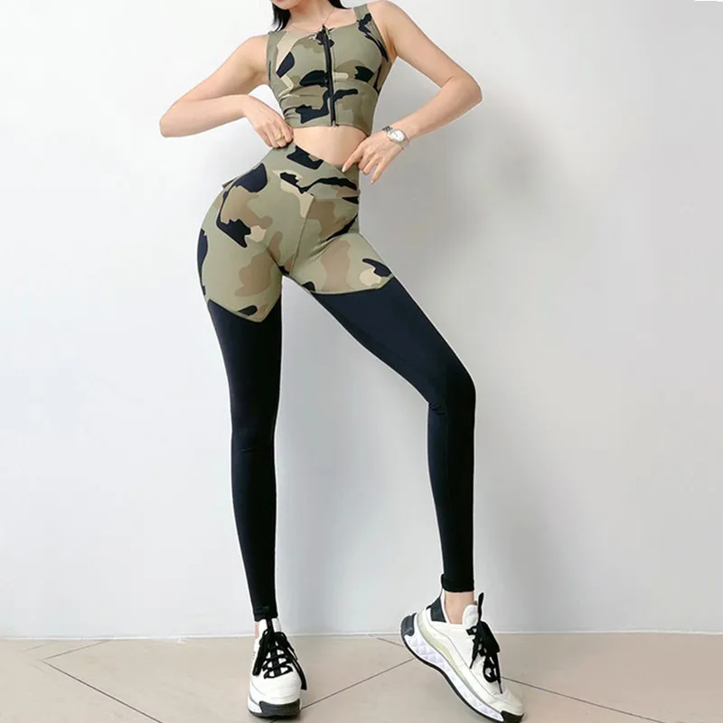 1 pièces Camouflage Camo Yoga ensemble vêtements de sport femmes Gym Fitness vêtements butin Leggings + soutien-gorge GYM costume Femme 220330