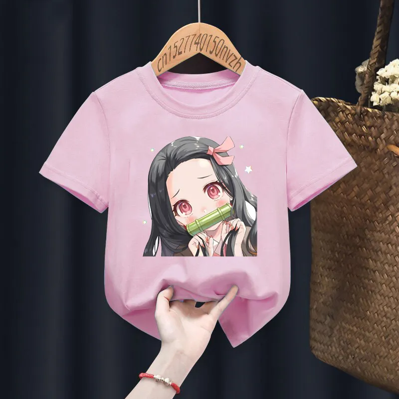 Nezuko kamado kimetsu no yaiba impressão vermelha criança t camisetas crianças bebê preto harajuku kawaii roupas menino menina tops girt goten ship 220620