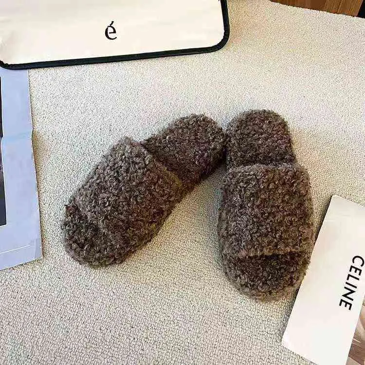 2022 new women luxury lamb wool thickened word thick bottom platform slippers home all-matc outdoor ms slippers G220730