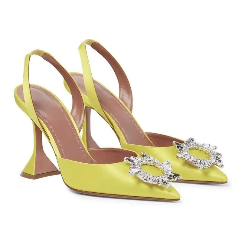 Crystal Buckle Rhinestones Sandálias de salto alto com dedo pontado para fadies Wedding Wedding Yellow Green Orange 220720