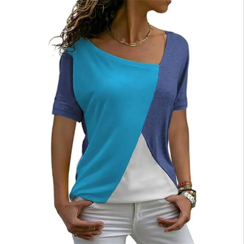 Summer Casual Women T Shirts Short Sleeve Fashion Patchwork Slim Irregular Diagonal Collar Ladies Clothes Long Shirt Tops 220422