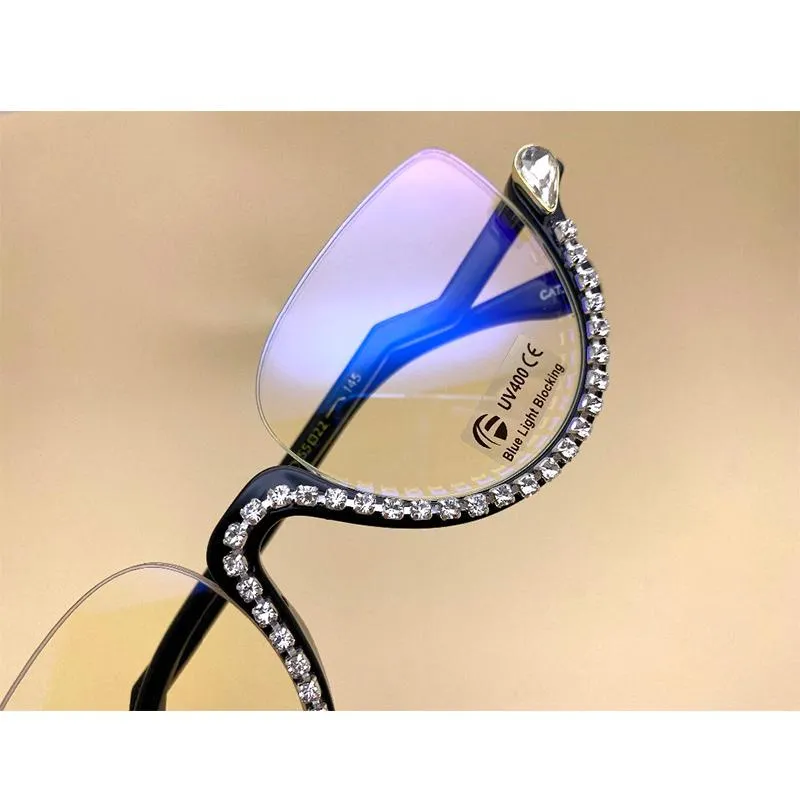 Солнцезащитные очки прозрачные бриллианты кошачьи бокалы для чтения, женщины мода против синего света, полумочная страна, роскошные дизайнерские очки 3S225p