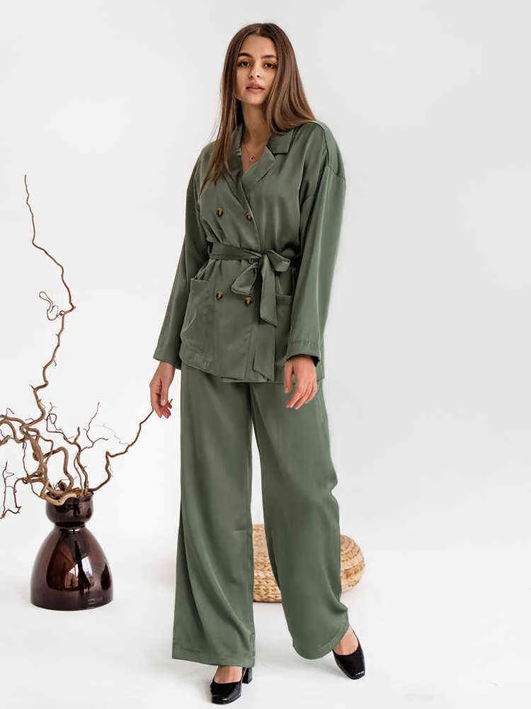 Hiloc dubbele zakken nachtkleding 2022 Doube borsten satijn pyjama's vrouwen sets volledige mouwen mode dames huiskleding groen l220803