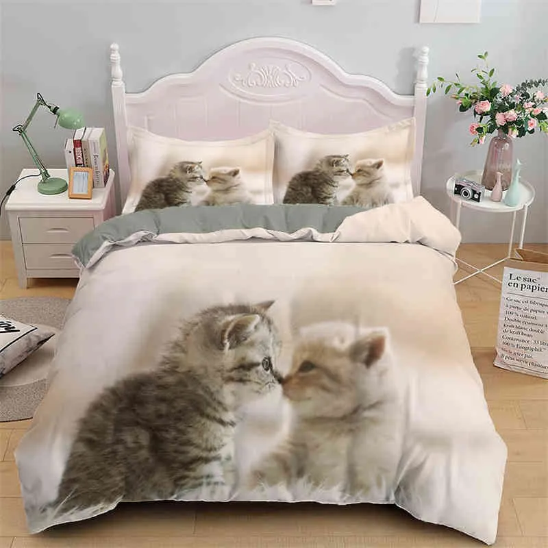 Lovely Pet Cat Bedding Set King Queen Size Microfiber Cute Kitten Print Duvet Cover with Pillowcases Luxury Animal Quilt