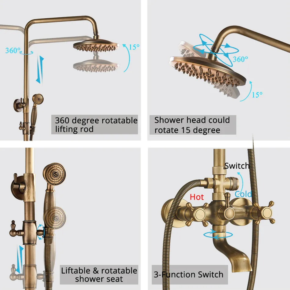 Antique Brass Bathroom Shower Set Faucet Bath Shower Mixer Tap 8" Rainfall Head With Hand Sprayer Bathtub Faucets Wall Mounted