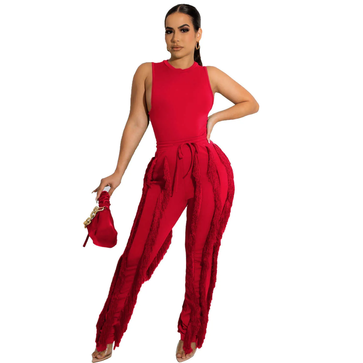 Women's Two Piece Pants Set Tassel Pants Sleeveless Casual Suit Lace Summer Sexy Outfits Ladies