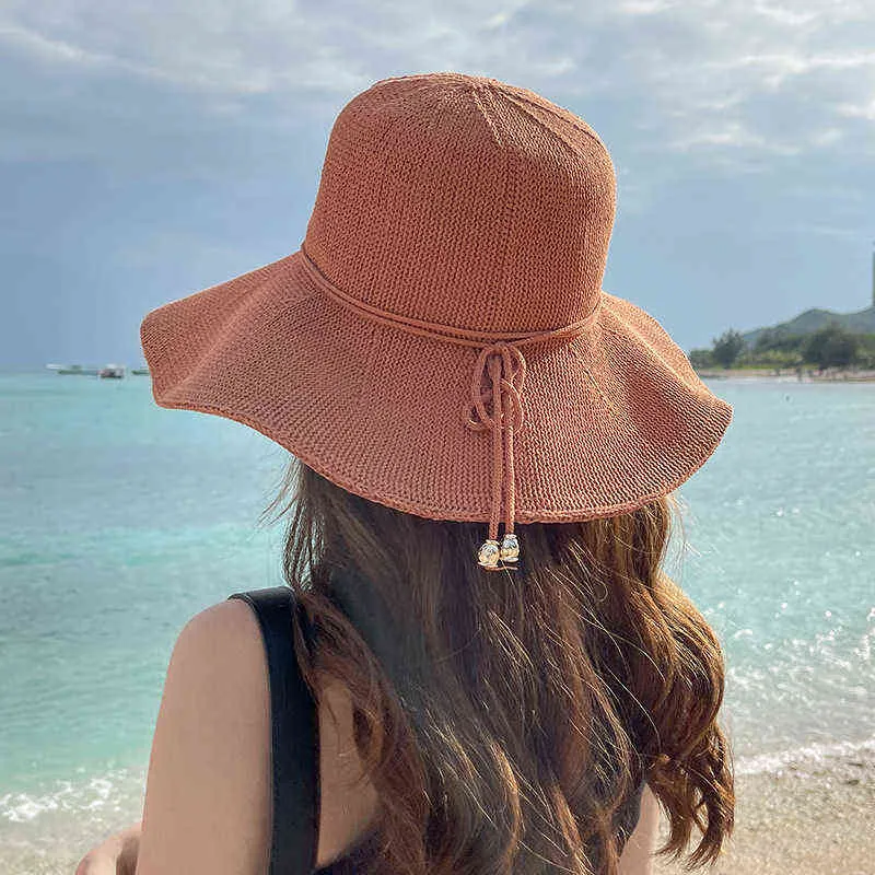 2022 Estate da donna il tempo libero Panama FemaleTravel Parasole Protezione solare Cappello da secchio Lady Fashion Beach Cappelli di paglia G220418