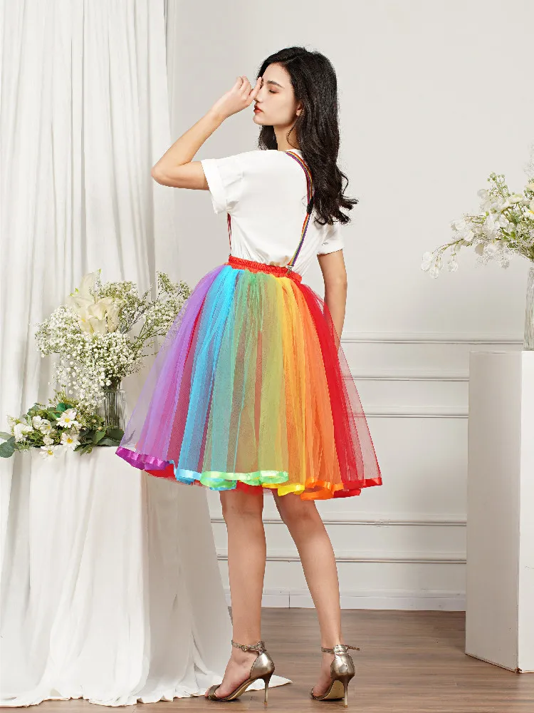 Misshow Women Rainbow Tutu krótka spódnica 5 warstw miękki tiul pettisplirt dziewczęta cosplay kostiumy siatkowe spódnice Wysokie elastyczne pasek 220701