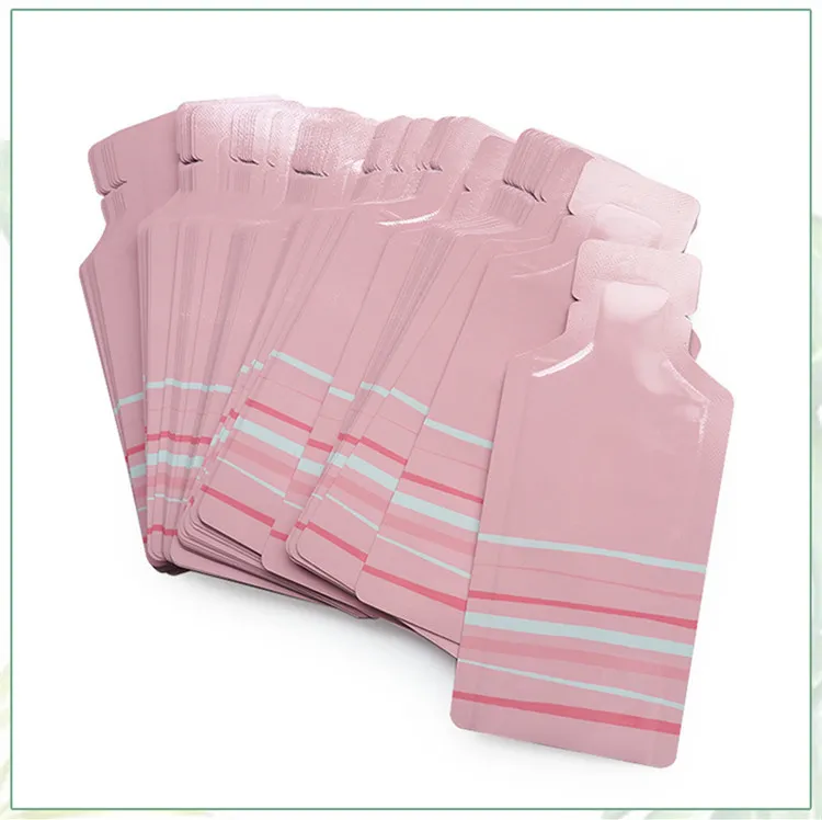 Bolsa de papel de aluminio con forma de botella pequeña rosa/blanca, 300 Uds., bolsa superior abierta, crema en polvo, champú líquido, bolsas de embalaje de sellado térmico de prueba