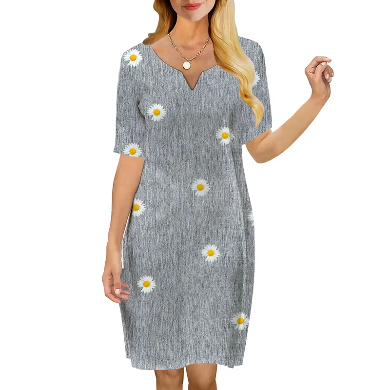 Femmes robe belle Daisy 3D imprimé col en v ample décontracté à manches courtes robe droite pour les robes féminines robe grise 220616