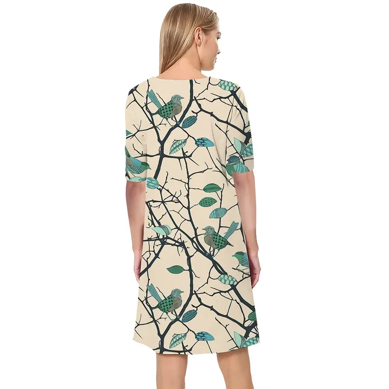 Women Dress Summer Flower Bird Pattern 3D Printed VNeck Loose Casual Short Sleeve Shift Dress for Female Dresses 220616