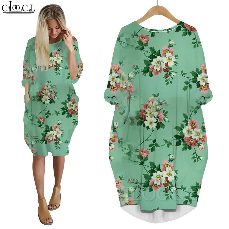 Femmes robe belles plantes hawaïennes 3D imprimé lâche fille jupe à manches longues poche femme robes décontractées robe mignonne W220616