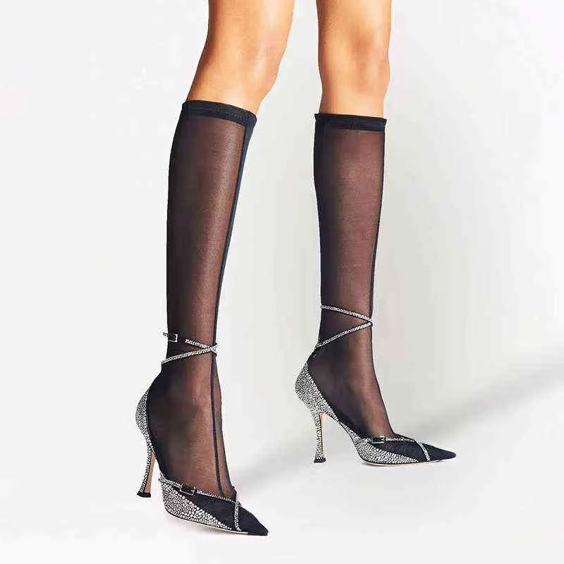 Laarzen zomer nieuwe vrouwen strass mesh sexy over de knie mode lange stiletto gesp gile been sokken puntige schoenen 220709