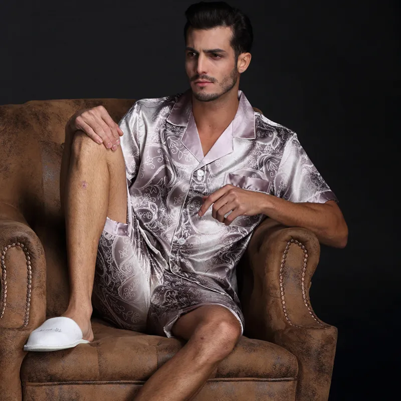 Thoshine varumärke vår sommar höst män satin silke pyjamas uppsättningar av t-shirt shorts manlig pijama sovkläder fritid hem kläder 220426